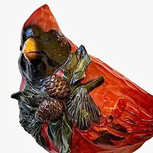 Red Cardinal Bird Figurine Wood Carved Look Resin Holly Pinecones Christmas - Picture 11 of 15